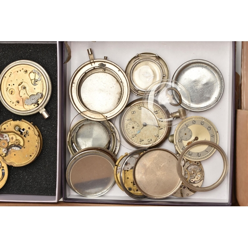 127 - A BOX OF ASSORTED WATCH/POCKET WATCH MOVEMENTS AND PARTS WITH WRISTWATCHES, to include various movem... 