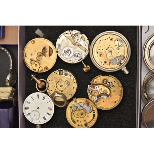 127 - A BOX OF ASSORTED WATCH/POCKET WATCH MOVEMENTS AND PARTS WITH WRISTWATCHES, to include various movem... 