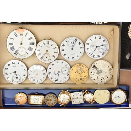 127 - A BOX OF ASSORTED WATCH/POCKET WATCH MOVEMENTS AND PARTS WITH WRISTWATCHES, to include various movem... 