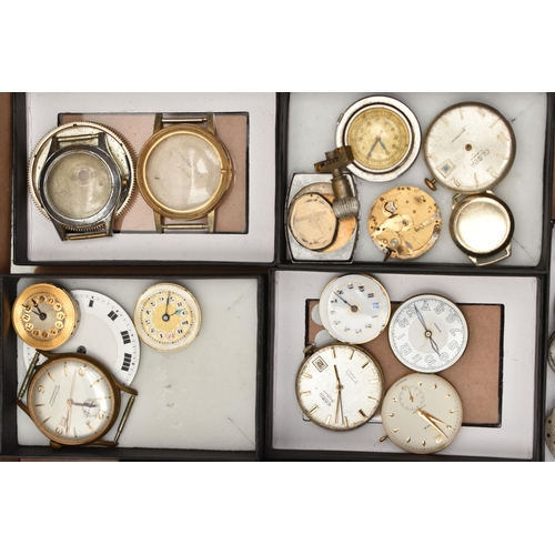 127 - A BOX OF ASSORTED WATCH/POCKET WATCH MOVEMENTS AND PARTS WITH WRISTWATCHES, to include various movem... 