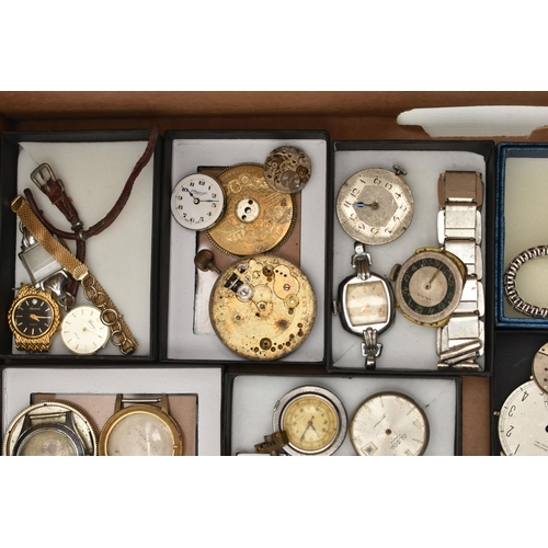 127 - A BOX OF ASSORTED WATCH/POCKET WATCH MOVEMENTS AND PARTS WITH WRISTWATCHES, to include various movem... 