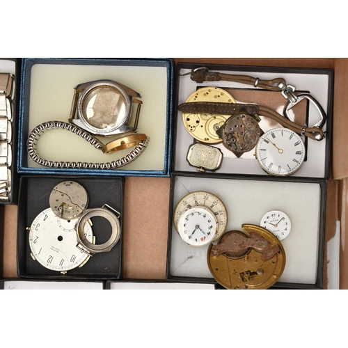 127 - A BOX OF ASSORTED WATCH/POCKET WATCH MOVEMENTS AND PARTS WITH WRISTWATCHES, to include various movem... 