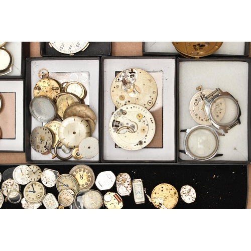 127 - A BOX OF ASSORTED WATCH/POCKET WATCH MOVEMENTS AND PARTS WITH WRISTWATCHES, to include various movem... 