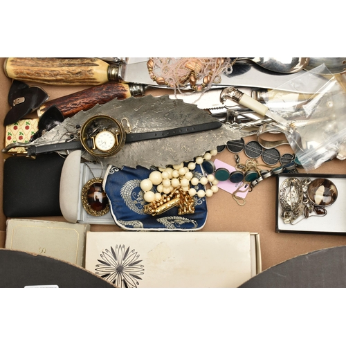 128 - A BOX OF COSTUME JEWELLERY, ETC., to include a cultured pearl bracelet, clasp stamped 750, further c... 