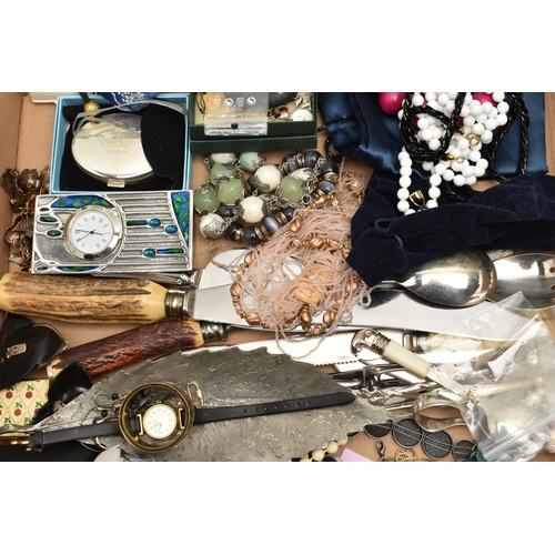 128 - A BOX OF COSTUME JEWELLERY, ETC., to include a cultured pearl bracelet, clasp stamped 750, further c... 