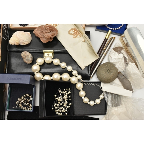 128 - A BOX OF COSTUME JEWELLERY, ETC., to include a cultured pearl bracelet, clasp stamped 750, further c... 