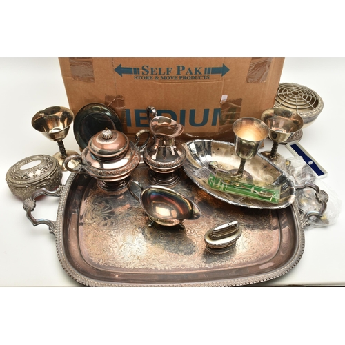 130 - TWO BOXES OF SILVER PLATED WARE, to include a hand chased EPC plated four piece tea service, a cande... 