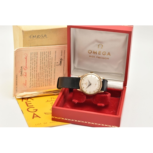 76 - A GENTS 9CT GOLD 'OMEGA' WRISTWATCH, round silvered dial signed 'Omega Geneve', baton markers, subsi... 