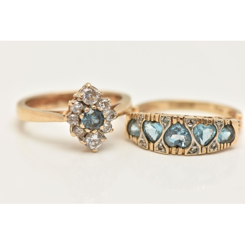 78 - TWO 9CT GOLD GEM SET RINGS, the first a yellow gold ring set with heart cut blue topaz and single cu... 