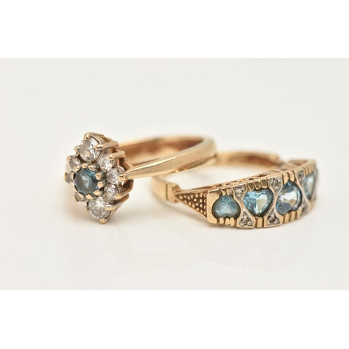 78 - TWO 9CT GOLD GEM SET RINGS, the first a yellow gold ring set with heart cut blue topaz and single cu... 