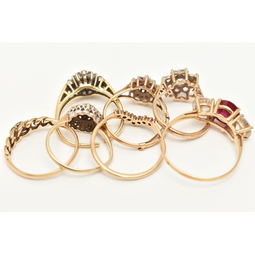 79 - AN ASSORTMENT OF GOLD AND YELLOW METAL RINGS, to include a 14ct gold cubic zirconia and synthetic ru... 