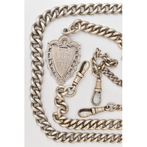 82 - THREE SILVER ALBERT CHAINS, the first a silver curb link chain, fitted with a T-bar, lobster clasp a... 