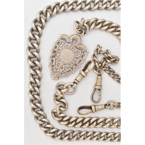 82 - THREE SILVER ALBERT CHAINS, the first a silver curb link chain, fitted with a T-bar, lobster clasp a... 