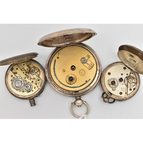 84 - THREE OPEN FACE POCKET WATCHES, the first a silver cased key wound pocket watch, Roman numerals, sub... 