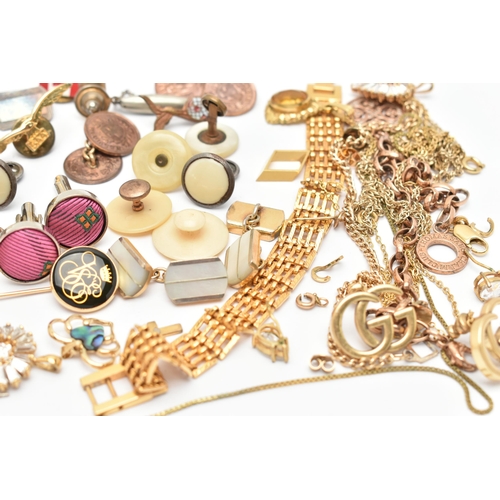 85 - AN ASSORTMENT OF COSTUME JEWELLERY, to include a pair of double G gold plated earrings, signed 'Gucc... 