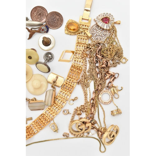 85 - AN ASSORTMENT OF COSTUME JEWELLERY, to include a pair of double G gold plated earrings, signed 'Gucc... 