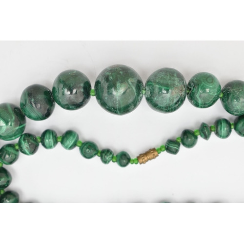 89 - TWO GEMSTONE BEADED NECKLACES, the first a malachite necklace, designed as graduated beads, fitted w... 