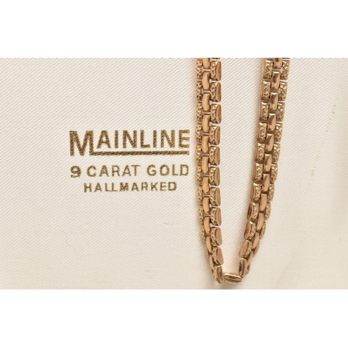 91 - A 9CT GOLD BRICK LINK CHAIN, with polished and textured links, fitted with a spring clasp, hallmarke... 