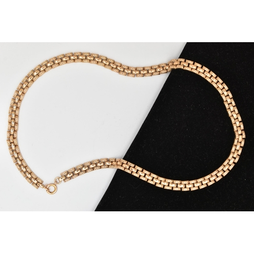 91 - A 9CT GOLD BRICK LINK CHAIN, with polished and textured links, fitted with a spring clasp, hallmarke... 