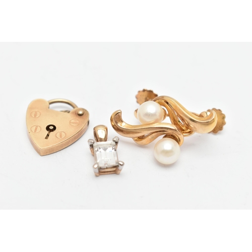 92 - A 9CT GOLD HEART PADLOCK, A PAIR OF CULTURED PEARL EARRINGS AND A PENDANT, padlock clasp hallmarked ... 