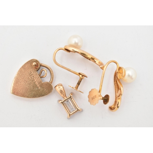 92 - A 9CT GOLD HEART PADLOCK, A PAIR OF CULTURED PEARL EARRINGS AND A PENDANT, padlock clasp hallmarked ... 