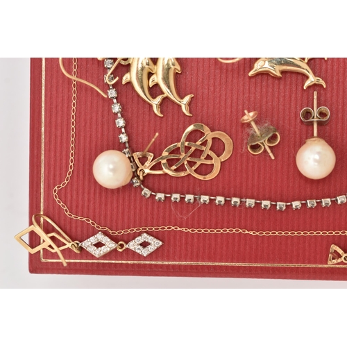 93 - A SELECTION OF YELLOW METAL EARRINGS, A BRACELET AND A CHAIN, to include a pair of paste drop earrin... 