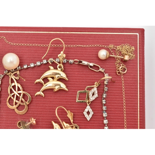 93 - A SELECTION OF YELLOW METAL EARRINGS, A BRACELET AND A CHAIN, to include a pair of paste drop earrin... 