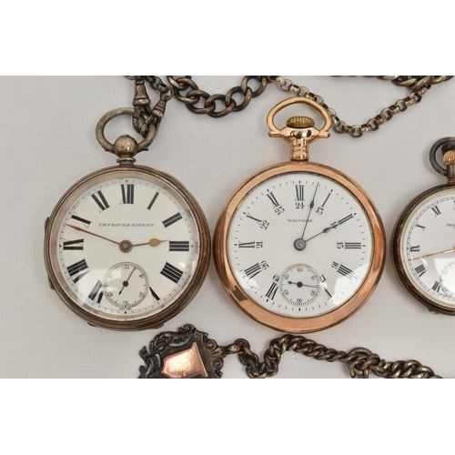 95 - FOUR POCKET WATCHES AND TWO ALBERT CHAINS, to include a gold plated full hunter pocket watch by Walt... 