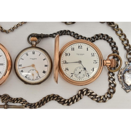 95 - FOUR POCKET WATCHES AND TWO ALBERT CHAINS, to include a gold plated full hunter pocket watch by Walt... 