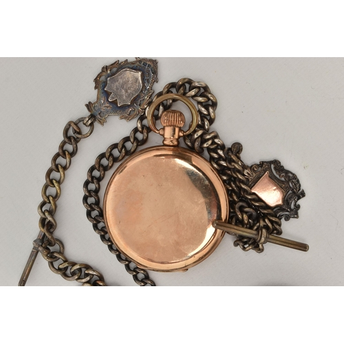 95 - FOUR POCKET WATCHES AND TWO ALBERT CHAINS, to include a gold plated full hunter pocket watch by Walt... 