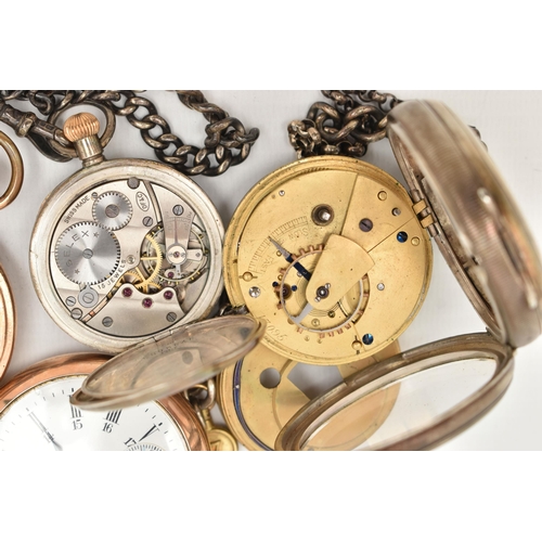 95 - FOUR POCKET WATCHES AND TWO ALBERT CHAINS, to include a gold plated full hunter pocket watch by Walt... 