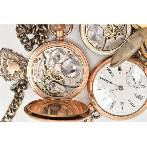 95 - FOUR POCKET WATCHES AND TWO ALBERT CHAINS, to include a gold plated full hunter pocket watch by Walt... 