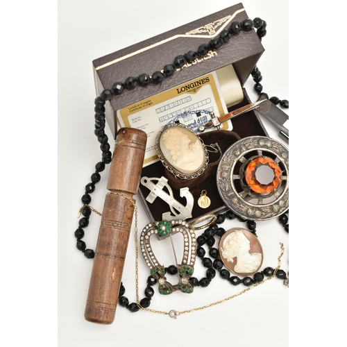 96 - A BOX OF ASSORTED ITEMS, to include two cameo brooches, a Scottish Cairngorm brooch, a Scottish dagg... 