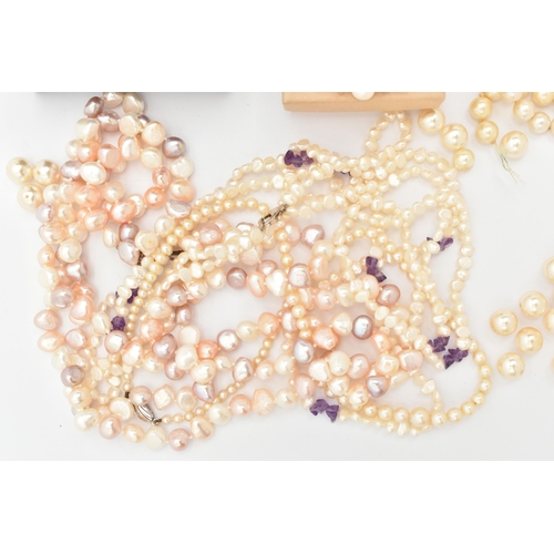 98 - AN ASSORTMENT OF PEARL NECKLACES, to include a baroque fresh water cultured pearl and amethyst three... 