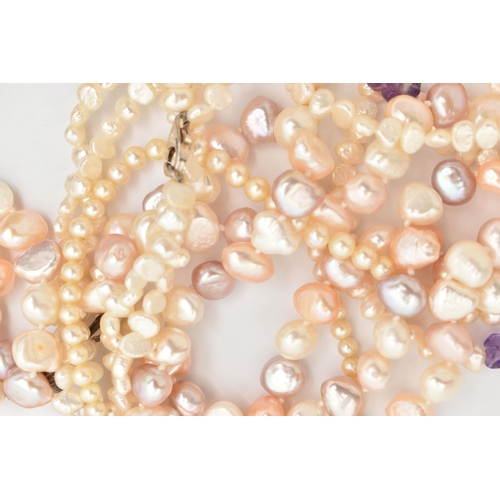 98 - AN ASSORTMENT OF PEARL NECKLACES, to include a baroque fresh water cultured pearl and amethyst three... 