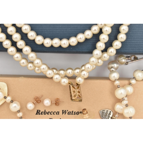 98 - AN ASSORTMENT OF PEARL NECKLACES, to include a baroque fresh water cultured pearl and amethyst three... 