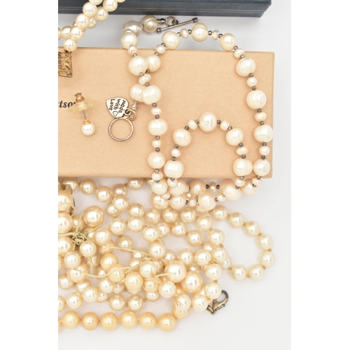 98 - AN ASSORTMENT OF PEARL NECKLACES, to include a baroque fresh water cultured pearl and amethyst three... 