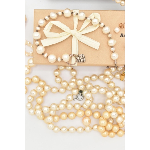 98 - AN ASSORTMENT OF PEARL NECKLACES, to include a baroque fresh water cultured pearl and amethyst three... 