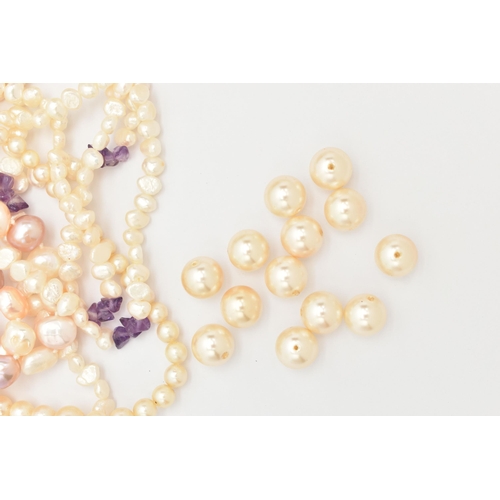 98 - AN ASSORTMENT OF PEARL NECKLACES, to include a baroque fresh water cultured pearl and amethyst three... 