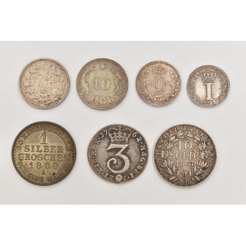 153 - A PARCEL OF SILVER COINS, to include Maundy Coins 4d George III 1762 (small hole) 2d Victoria 1838, ... 