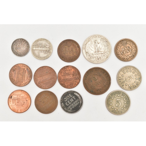 154 - A PARCEL OF USA COINAGE, to include 1864 Bronze One Cent, 1864 2 Cents, 2x Shield Nickel 5 Cents 186... 