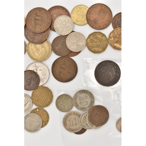 155 - A SMALL PLASTIC POT OF MIXED COINS, to include a nice condition German East Africa half Rupee 1904, ... 