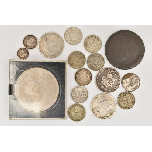 156 - A SMALL PARCEL OF COINS, to include a 1924 2d George V, a George V 1934 1d coin, three damaged Georg... 