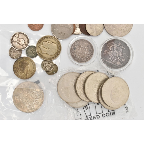 157 - A PARCEL OF MAINLY UK COINS, to include a Queen Victoria One Rupee 1901, a 1900 Victoria Crown coin,... 