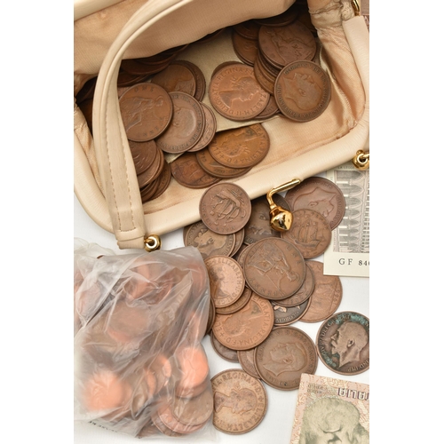 158 - A SMALL CARDBOARD BOX CONTAINING MAINLY UK COPPER AND MIXED BANKNOTES