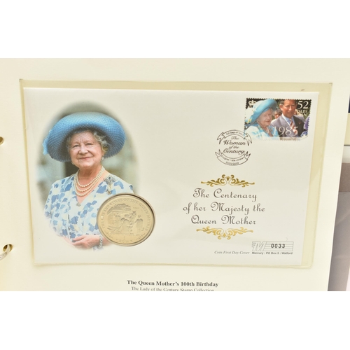 159 - THE ROYAL FAMILY COIN AND STAMP ALBUM FOR QUEEN ELIZABETH THE QUEEN MOTHER, containing several coin/... 