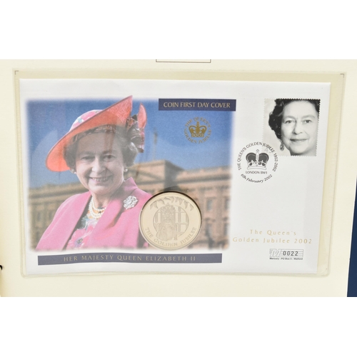 160 - THE QUEENS GOLDEN JUBILEE 2002 ALBUM OF COIN/STAMP COVERS, to include a 2001 full gold sovereign coi... 