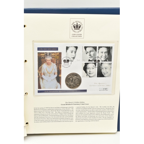 160 - THE QUEENS GOLDEN JUBILEE 2002 ALBUM OF COIN/STAMP COVERS, to include a 2001 full gold sovereign coi... 