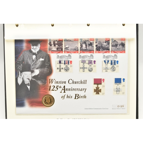 162 - THE HISTORY OF WWII COIN/STAMP ALBUM OF MANY  COIN/STAMP COVER TO INCLUDE WINSTON SPENCER CHURCHILL ... 