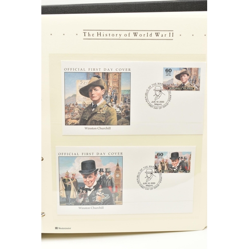 162 - THE HISTORY OF WWII COIN/STAMP ALBUM OF MANY  COIN/STAMP COVER TO INCLUDE WINSTON SPENCER CHURCHILL ... 